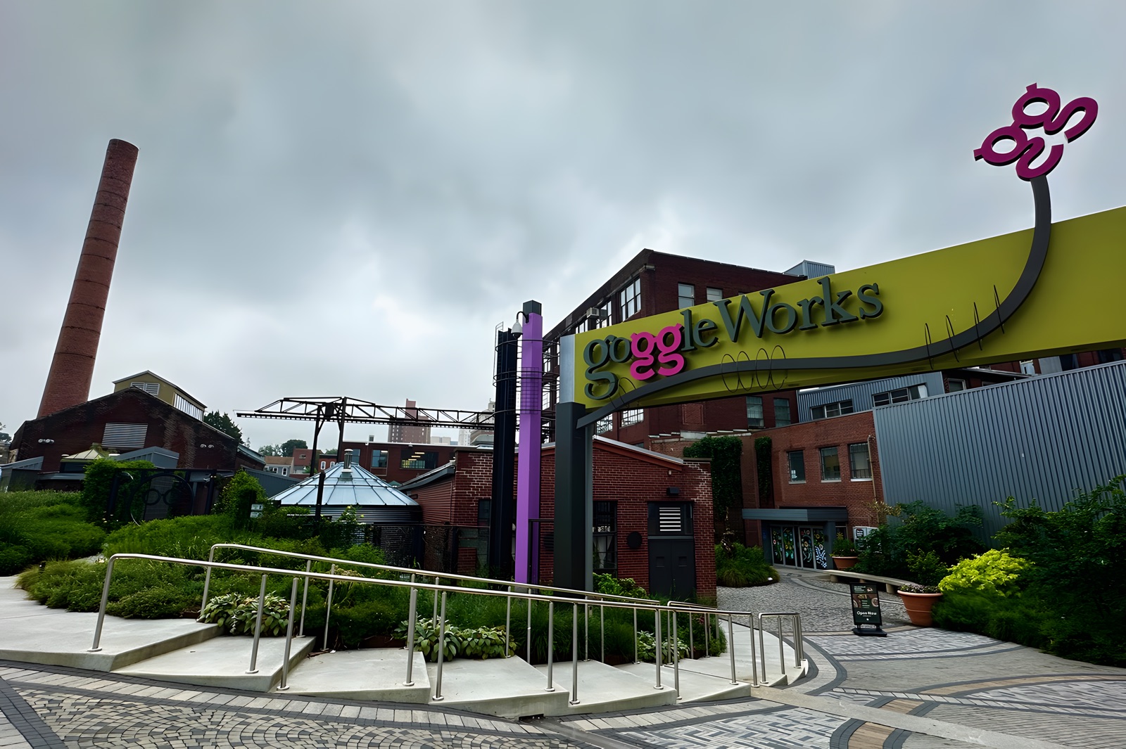 The GoggleWorks entrance, photographed from the property side of N. Third Street